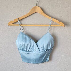 Light Blue Satin Cami Top With Spaghetti Straps and Smocked Back | Y2K Crop Tank